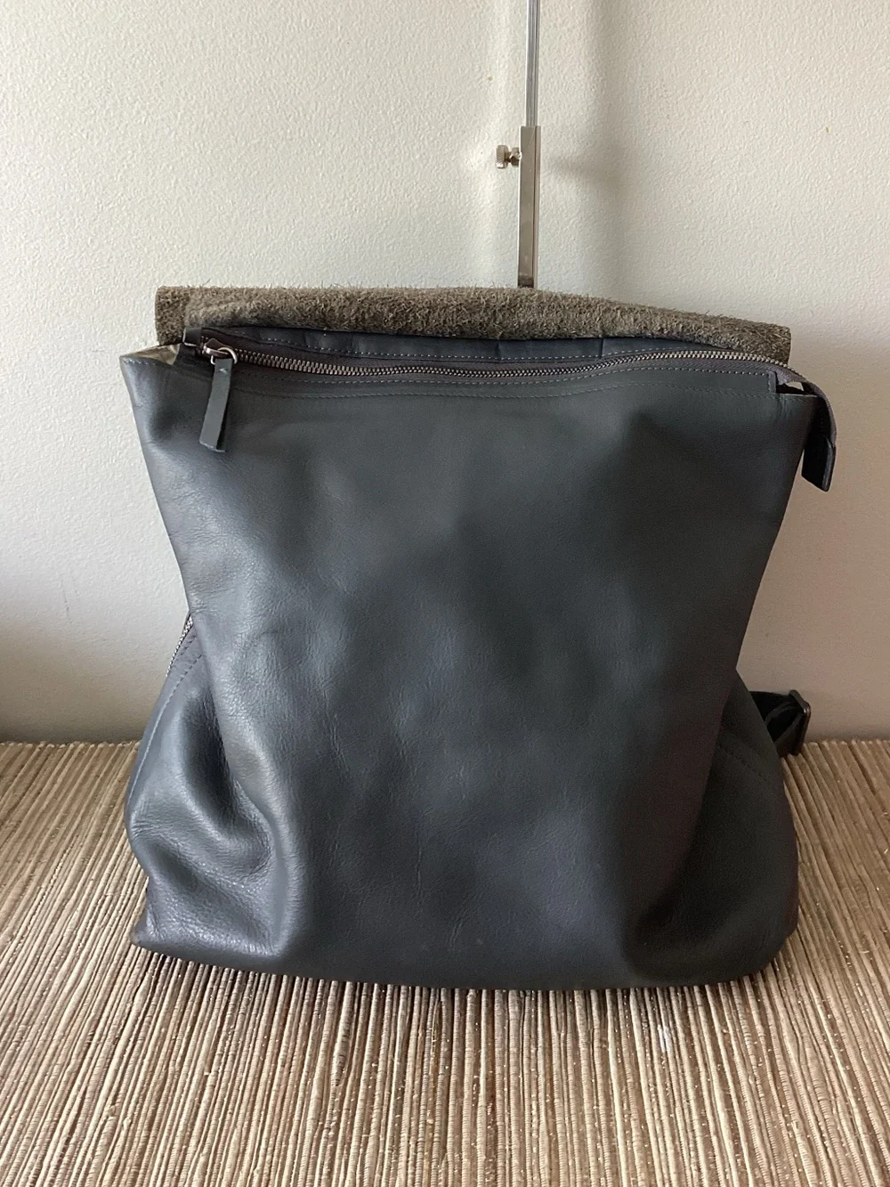 Eileen Fisher Charcoal Grey Leather Flap Backpack Purse Bag